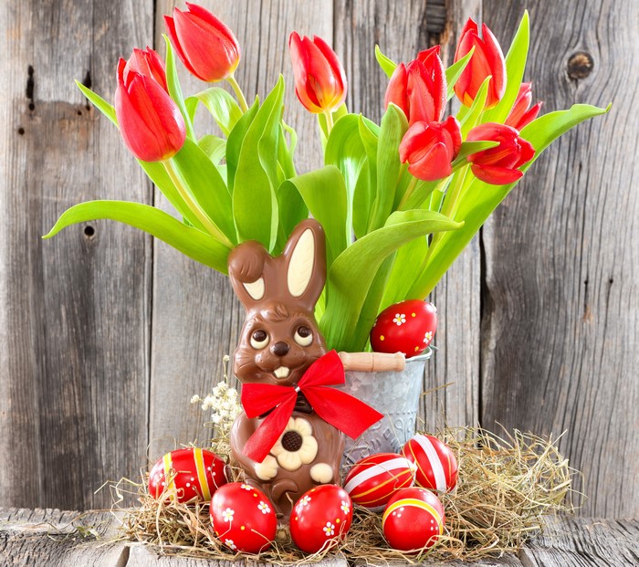 Easter Chocolate Bunny with Tulips and Eggs