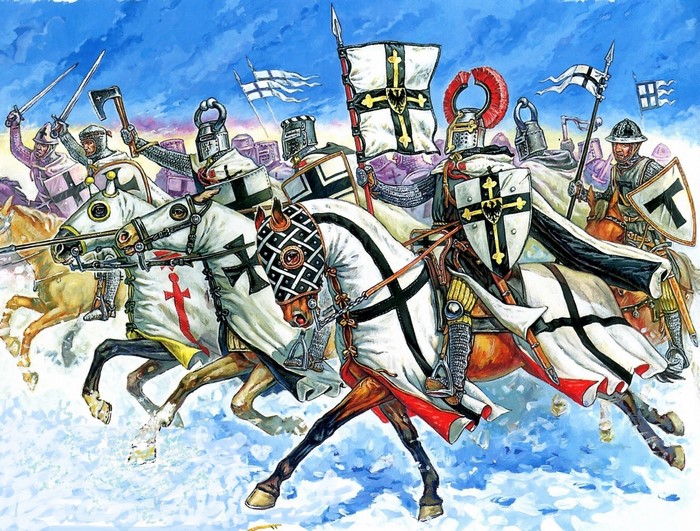 Teutonic Knights on horseback in battle