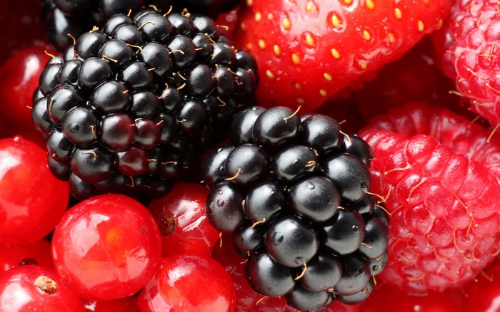 Close-up of Blackberries, Raspberries, Strawberries, and Red Currants