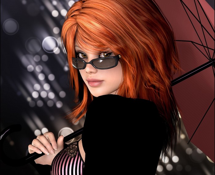 Redhead girl with glasses holding an umbrella