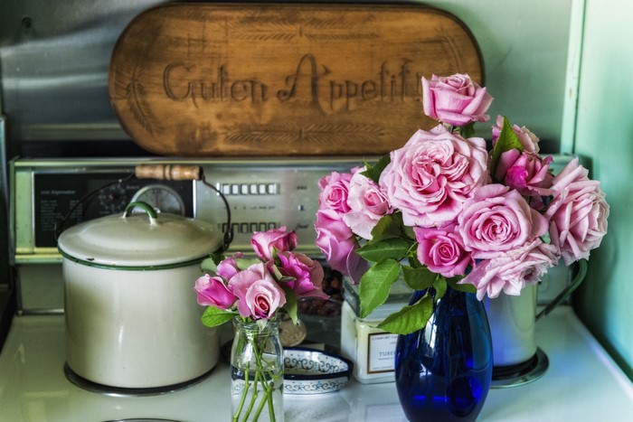 Pink roses in a vase on a stove