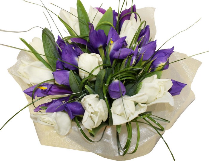 Bouquet of white tulips and purple irises