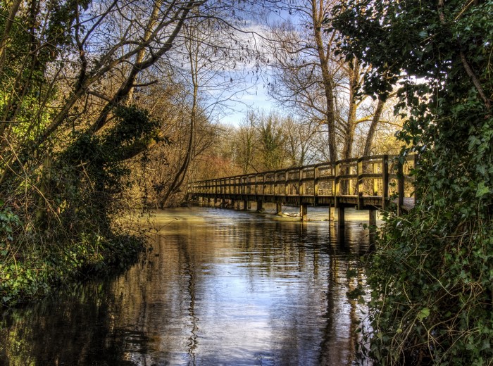 Wooden bridge over a river in Wherwell, England