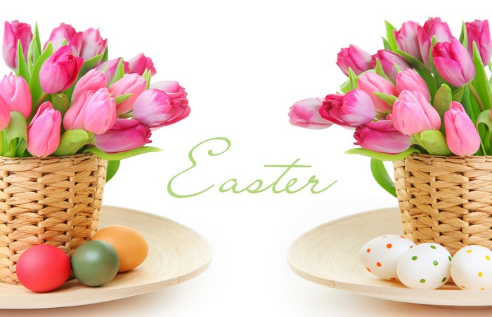 Easter Tulips and Eggs in Wicker Baskets