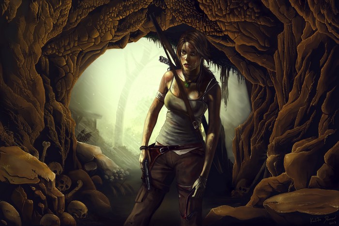 Lara Croft from Tomb Raider 2013 in a cave