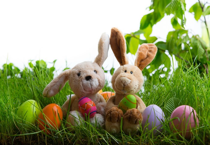 Easter bunnies and decorated eggs in grass