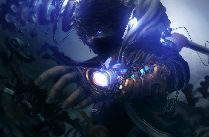 Steampunk warrior with glowing blue eyes and mechanical arm
