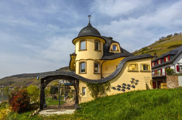 Unusual yellow house with a turret in Zell (Mosel), Germany