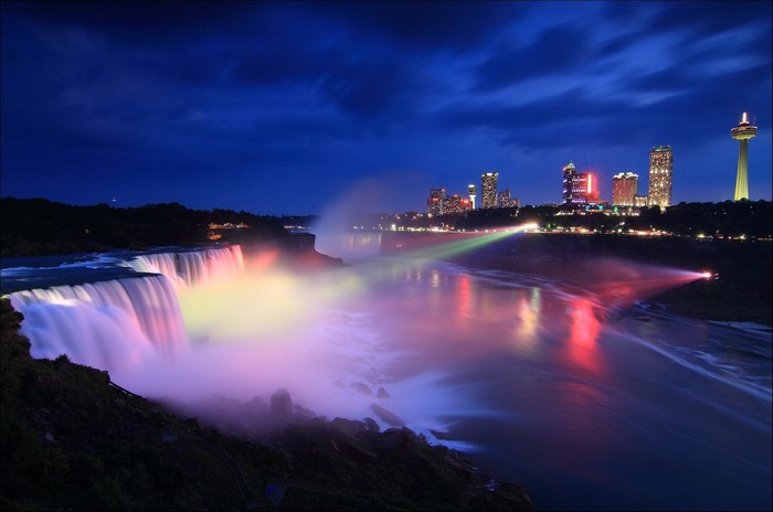 Niagara Falls at night with city skyline