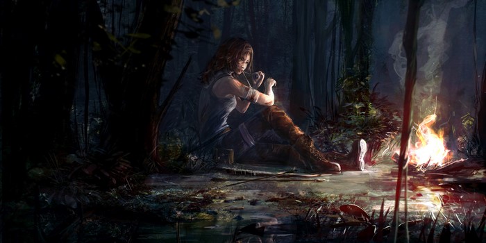 Lara Croft from Tomb Raider by a campfire
