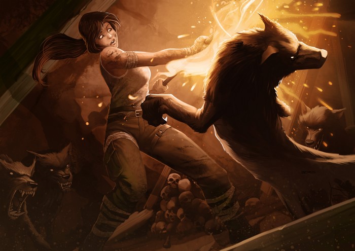 Lara Croft from Tomb Raider fighting wolves
