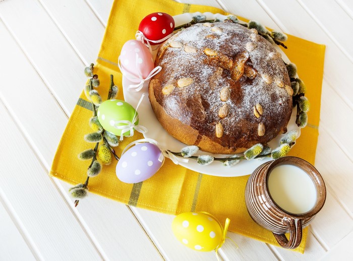 Easter bread with milk and decorated eggs
