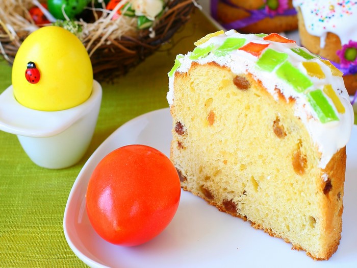 Easter Kulich cake with decorated eggs