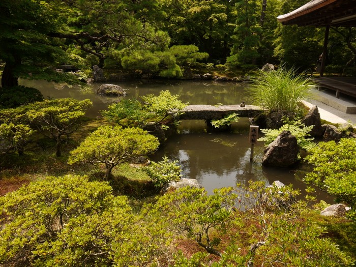 Ginkaku Garden pond with stone bridge and trees