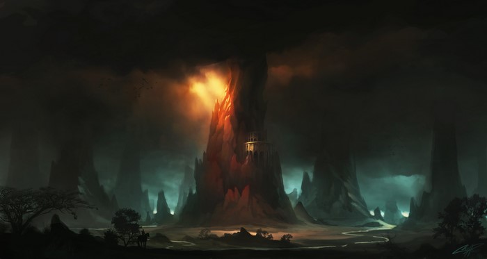 Dark fantasy landscape with a glowing tower