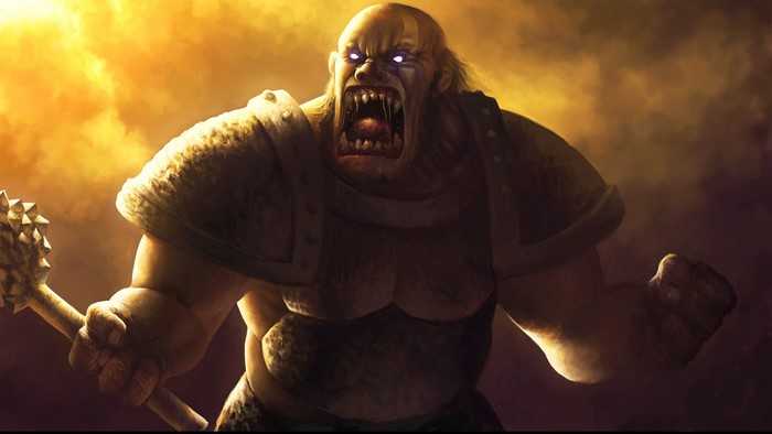 A monstrous ogre with glowing eyes and a mace