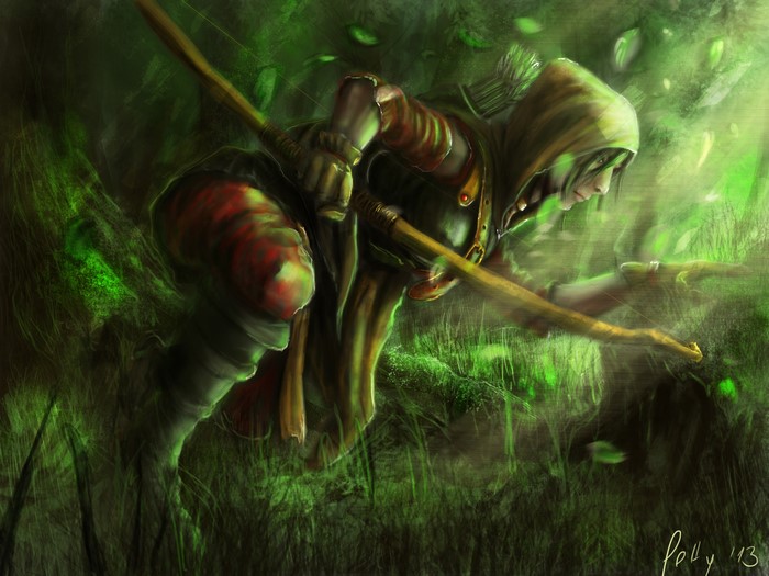 Archer in a green forest with a bow and arrow