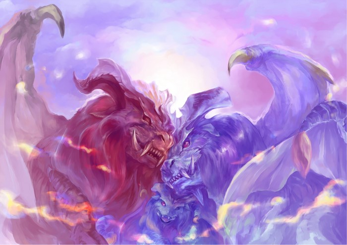 Three Dragons Embracing in a Cloudy Sky