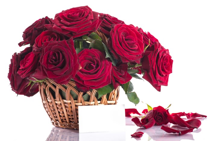 Red Roses in a Wicker Basket with a Blank Card