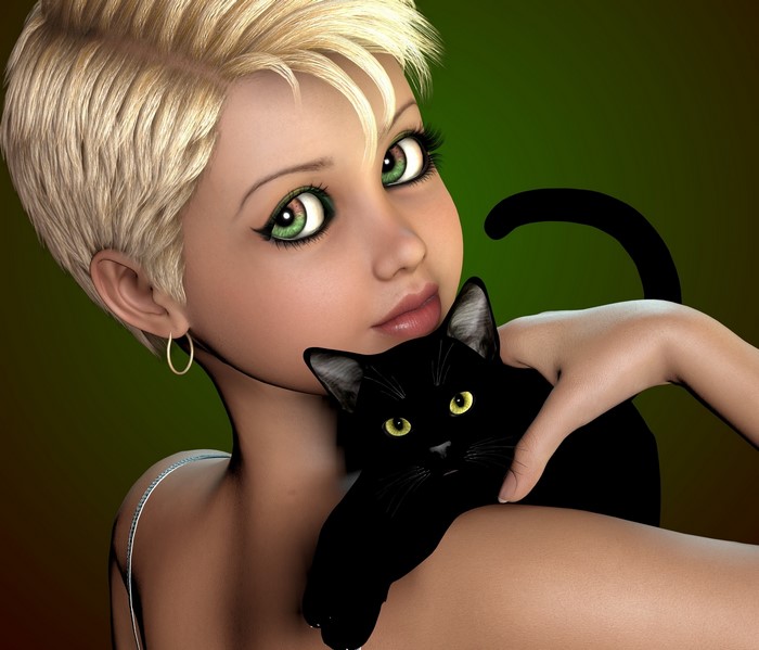 Blonde girl holding a black cat