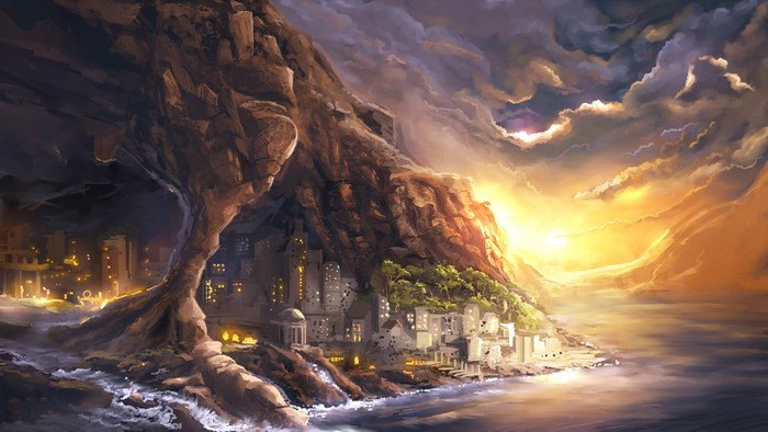 Fantastic world city built into a cliffside at sunset