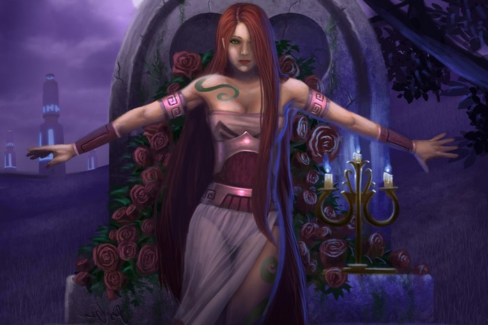 Redhead woman with roses and gothic tomb