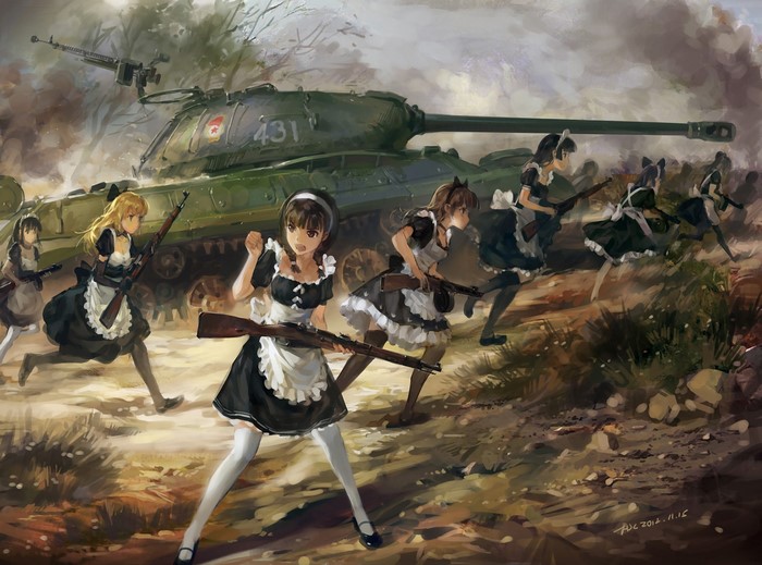 Anime girls in maid outfits with rifles near an IS-3 tank