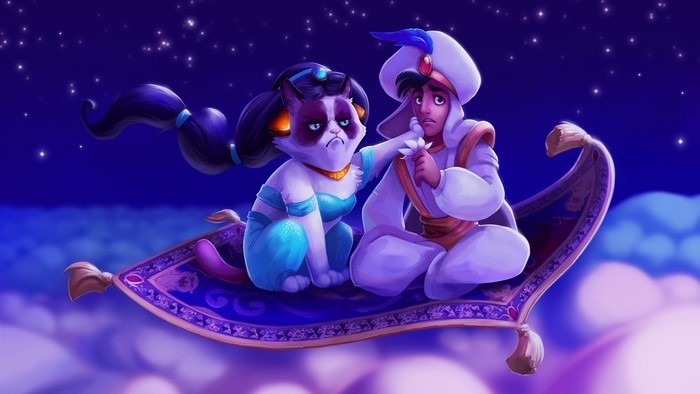 Grumpy Cat as Jasmine and Aladdin on a magic carpet