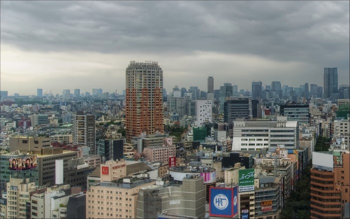Tokyo cityscape with skyscrapers under cloudy sky