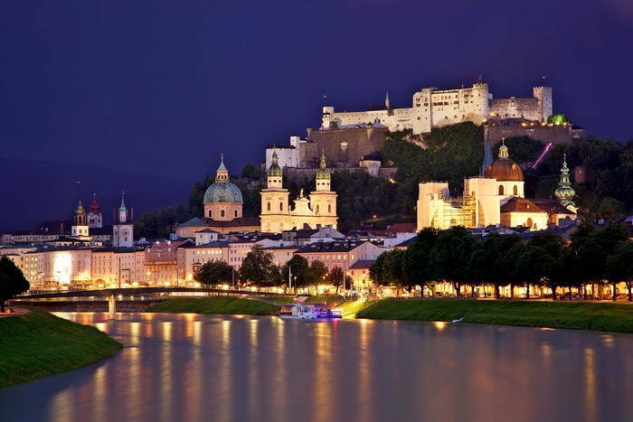 Salzburg cityscape with Hohensalzburg Fortress at night