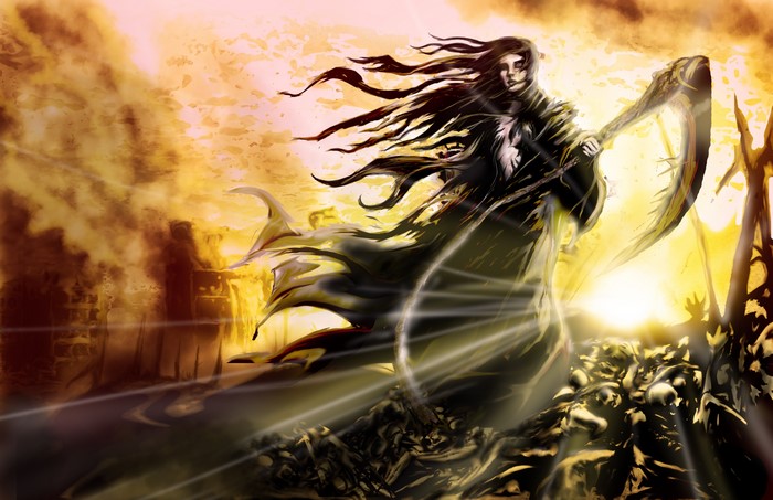 Death with Scythe in a fiery landscape