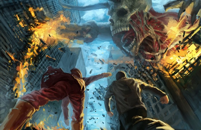 Giant demon attacking a city with people running