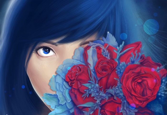 Painting Art of a Woman with Blue Hair and Roses