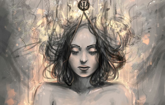 Gothic Fantasy Painting of a Woman with Psi Symbol