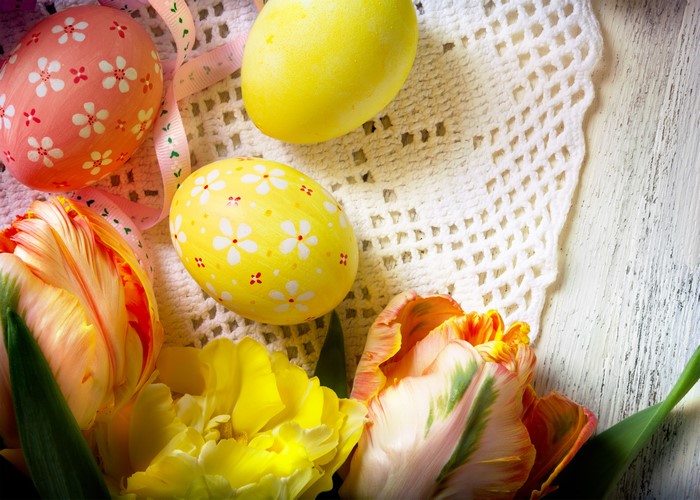 Easter Eggs and Tulips on Lace