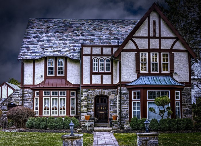 American Tudor Home with Stone and Stucco Exterior