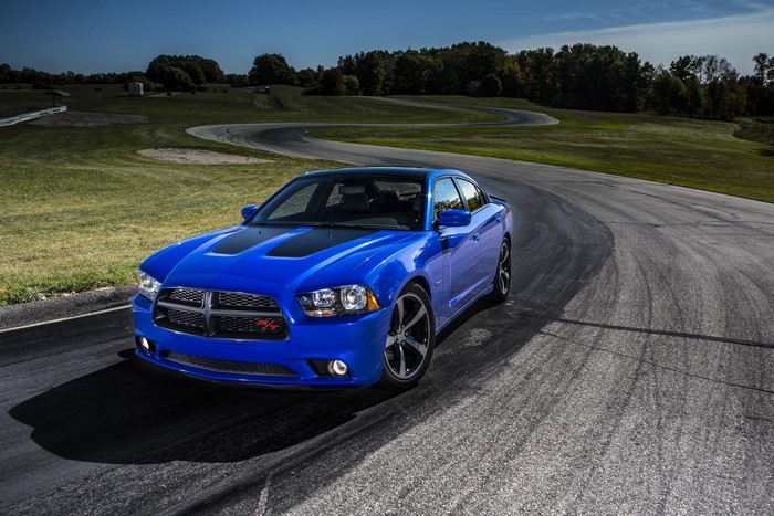Blue 2013 Dodge Charger Daytona on a race track