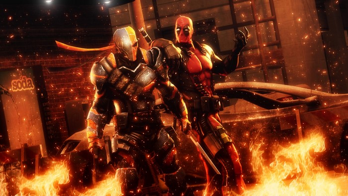 Deathstroke and Deadpool in a fiery urban setting