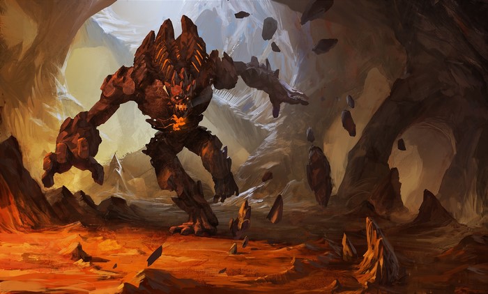 Stone monster in a cave with floating rocks