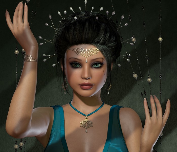 Brunette girl with jewelry and a teal dress