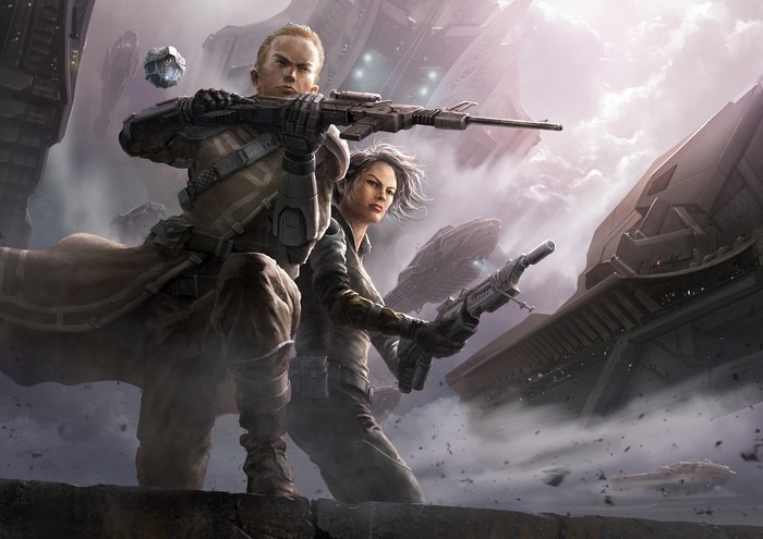 Two warriors with rifles in a futuristic city