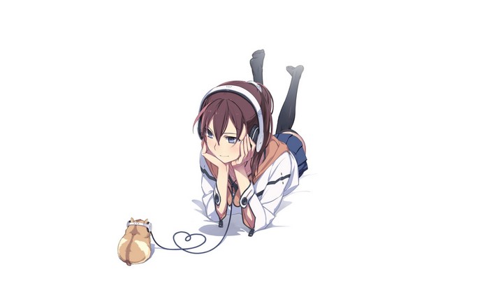 Girl with headphones and hamster