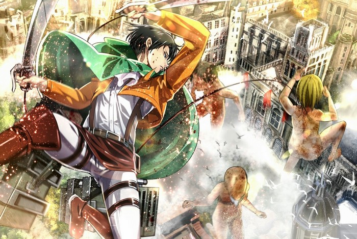 Levi from Attack on Titan fighting Titans