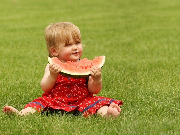 Little girl eating watermelon on grass