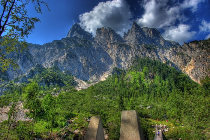 Jagged mountains and green forest in Bavaria, Germany
