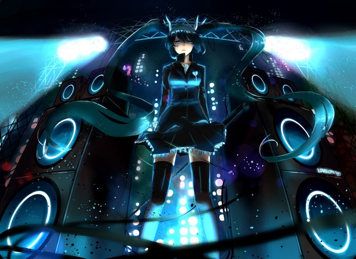 Hatsune Miku from Vocaloid on stage with speakers