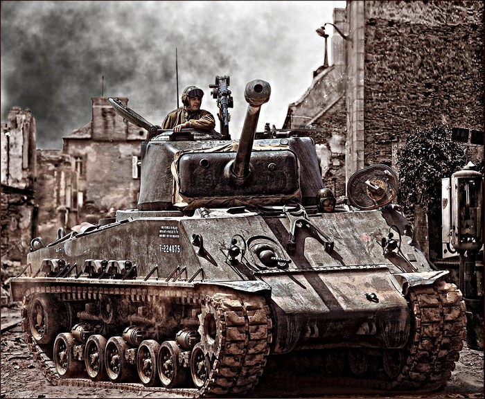 M4 Sherman tank with crew in destroyed city