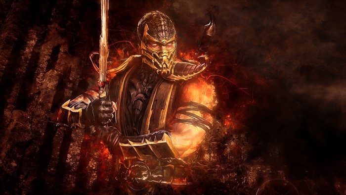 Scorpion from Mortal Kombat holding a sword