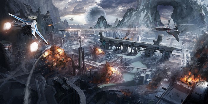 Aerial combat over a futuristic city with explosions