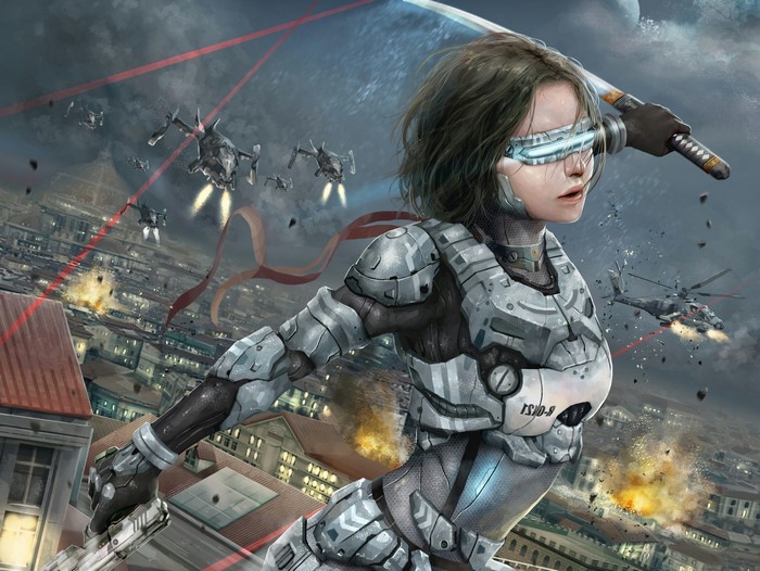 Female warrior with sword and gun in futuristic armor during battle